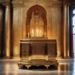 An altar built intricately with toasters, set in a divine setting with light casting a holy glow on the metallic surfaces.