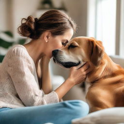 A loving dog affectionately kissing a woman's cheek in a cozy, well-lit room filled with home decor