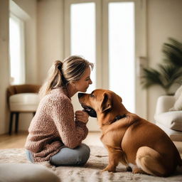 A loving dog affectionately kissing a woman's cheek in a cozy, well-lit room filled with home decor