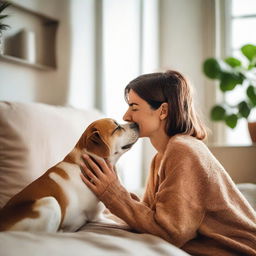 A loving dog affectionately kissing a woman's cheek in a cozy, well-lit room filled with home decor