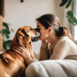 A loving dog affectionately kissing a woman's cheek in a cozy, well-lit room filled with home decor