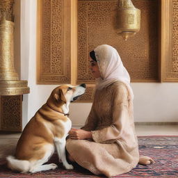 A woman in traditional Arabic attire being affectionately kissed on the cheek by a loving dog in a room decorated with Middle Eastern home decor