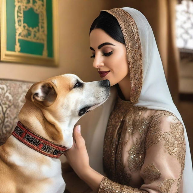 A woman in traditional Arabic attire being affectionately kissed on the cheek by a loving dog in a room decorated with Middle Eastern home decor