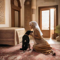 A woman in traditional Arabic attire being affectionately kissed on the cheek by a loving dog in a room decorated with Middle Eastern home decor