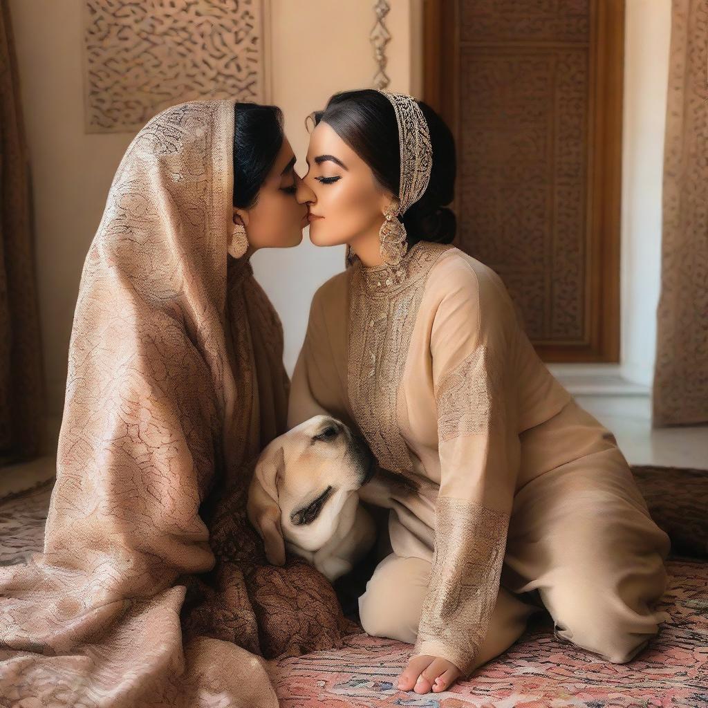 A woman in traditional Arabic attire being affectionately kissed on the cheek by a loving dog in a room decorated with Middle Eastern home decor