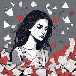 Illustrate a woman surrounded by symbols of disloyalty, such as broken hearts and torn letters, captured in a dramatic setting with a somber color tone.