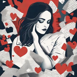 Illustrate a woman surrounded by symbols of disloyalty, such as broken hearts and torn letters, captured in a dramatic setting with a somber color tone.