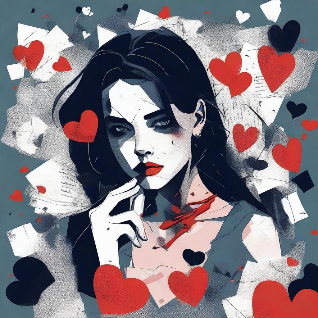 Illustrate a woman surrounded by symbols of disloyalty, such as broken hearts and torn letters, captured in a dramatic setting with a somber color tone.