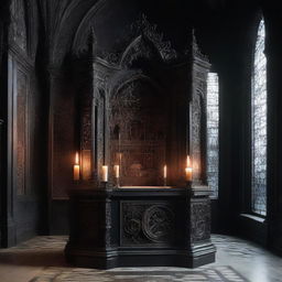 A Gothic style altar with an appliance placed on it, under a technomessianic theme. Dramatic lighting underscores this unholy fusion of past religious atmosphere and modern technology.