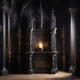 A Gothic style altar with an appliance placed on it, under a technomessianic theme. Dramatic lighting underscores this unholy fusion of past religious atmosphere and modern technology.