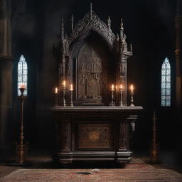 A Gothic style altar with an appliance placed on it, under a technomessianic theme. Dramatic lighting underscores this unholy fusion of past religious atmosphere and modern technology.