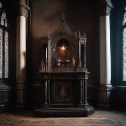 A Gothic style altar with an appliance placed on it, under a technomessianic theme. Dramatic lighting underscores this unholy fusion of past religious atmosphere and modern technology.