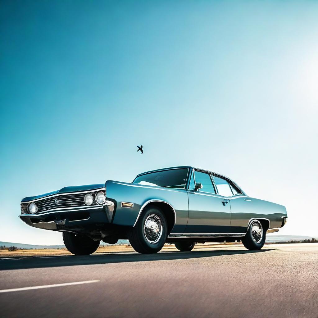 A stylish car, mid-air, with a bright clear sky as background, giving an illusion of flying