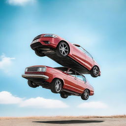 A stylish car, mid-air, with a bright clear sky as background, giving an illusion of flying