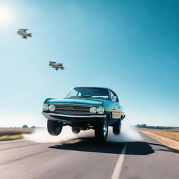 A stylish car, mid-air, with a bright clear sky as background, giving an illusion of flying