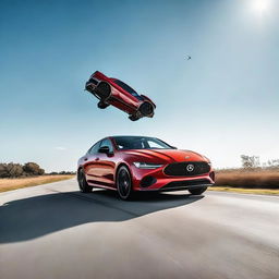 A stylish car, mid-air, with a bright clear sky as background, giving an illusion of flying