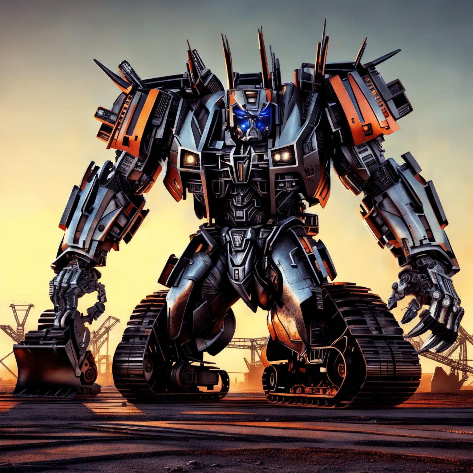 A 4K digital art image depicting a bulldozer transforming into a Transformer