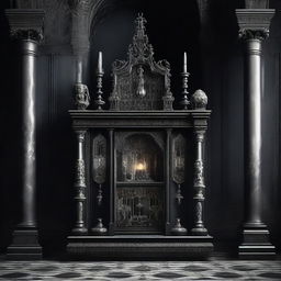 A Gothic style altar with an appliance placed on it, under a technomessianic theme. The image elegantly combines eerie religious elements with modern technology in a dramatic, brooding setting.