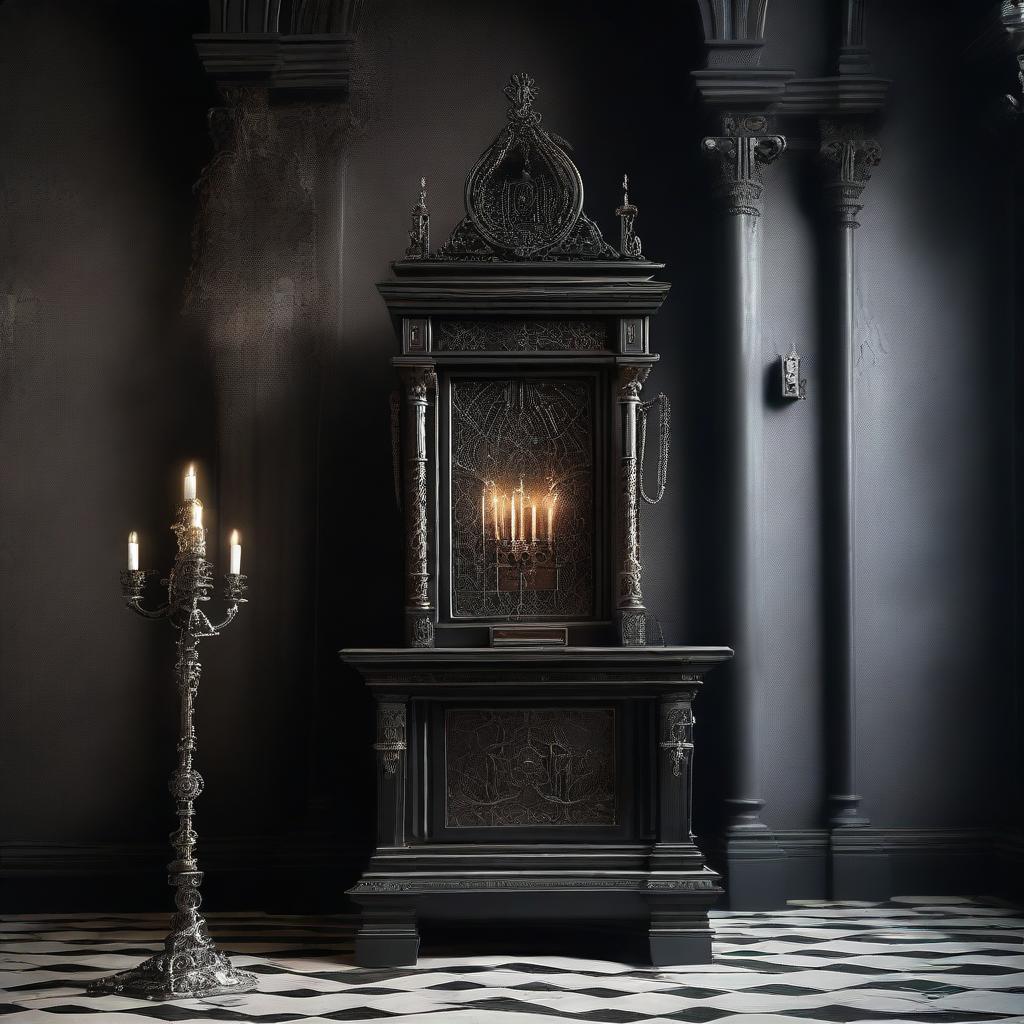 A Gothic style altar with an appliance placed on it, under a technomessianic theme. The image elegantly combines eerie religious elements with modern technology in a dramatic, brooding setting.