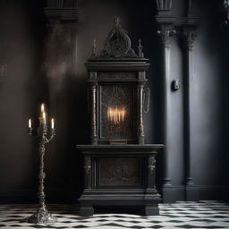 A Gothic style altar with an appliance placed on it, under a technomessianic theme. The image elegantly combines eerie religious elements with modern technology in a dramatic, brooding setting.