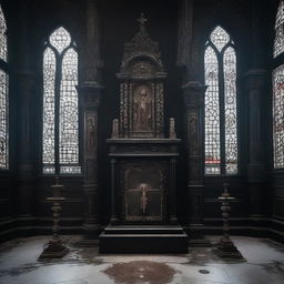 A Gothic style altar with an appliance placed on it, under a technomessianic theme. The image elegantly combines eerie religious elements with modern technology in a dramatic, brooding setting.