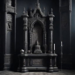 A Gothic style altar with an appliance placed on it, under a technomessianic theme. The image elegantly combines eerie religious elements with modern technology in a dramatic, brooding setting.