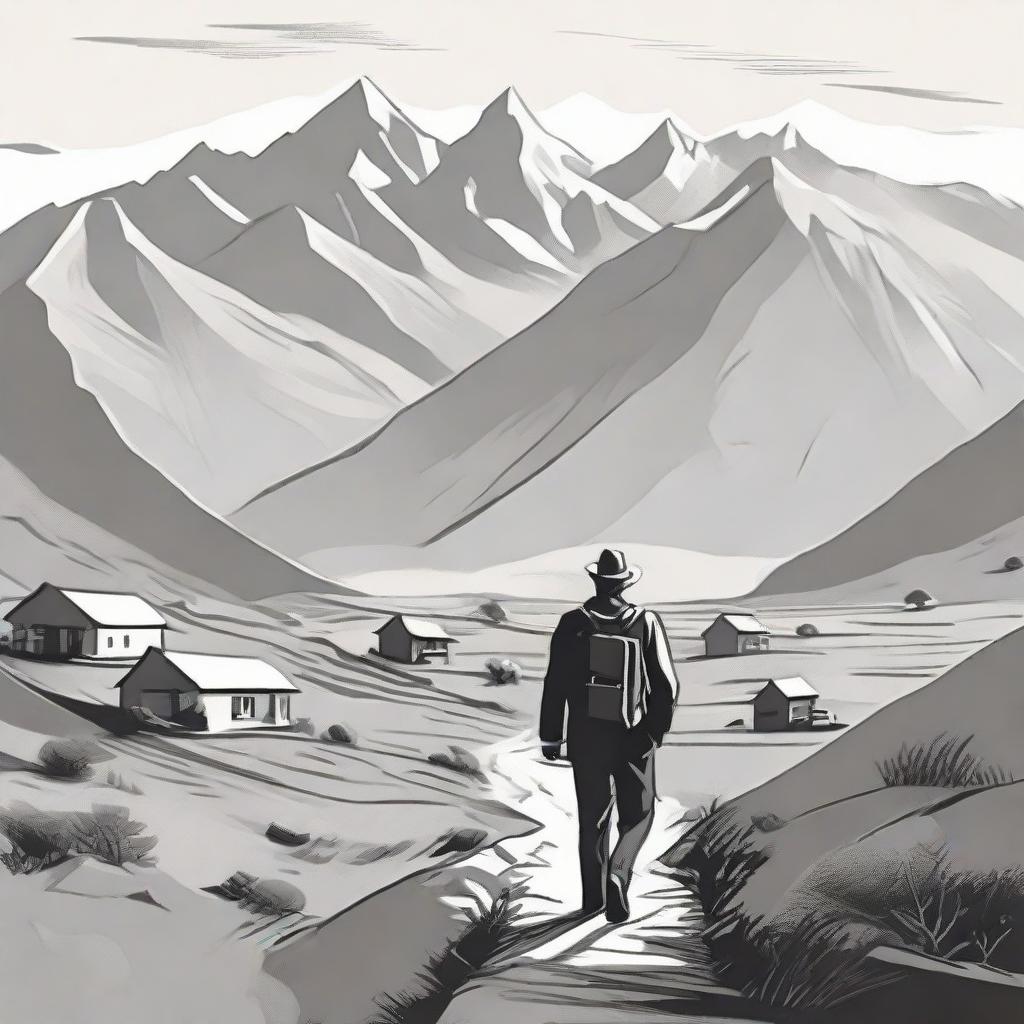 A solitary figure of a man in a remote countryside, carrying a small leather bag on his back. In front of him rise magnificent mountains, the peaks of which hide a quaint little town.