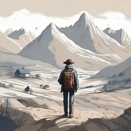 A solitary figure of a man in a remote countryside, carrying a small leather bag on his back. In front of him rise magnificent mountains, the peaks of which hide a quaint little town.