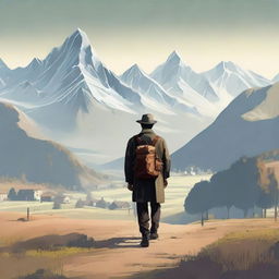 A solitary figure of a man in a remote countryside, carrying a small leather bag on his back. In front of him rise magnificent mountains, the peaks of which hide a quaint little town.