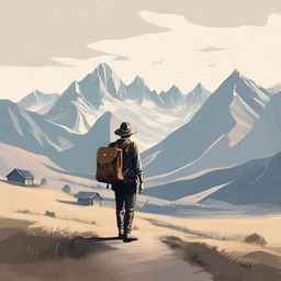 A solitary figure of a man in a remote countryside, carrying a small leather bag on his back. In front of him rise magnificent mountains, the peaks of which hide a quaint little town.