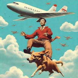 A surreal scene showing a man riding on a dog's back, both levitating high in the sky near an airplane.