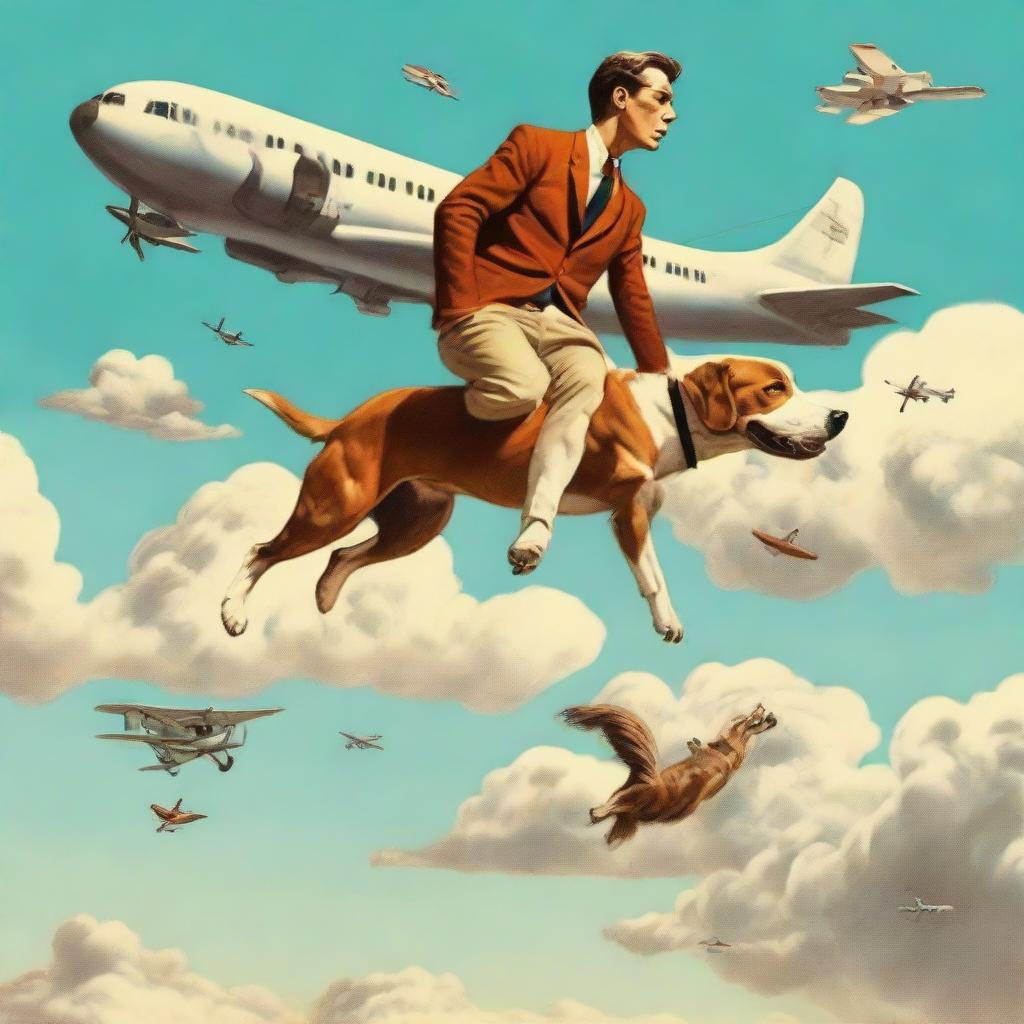 A surreal scene showing a man riding on a dog's back, both levitating high in the sky near an airplane.