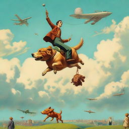 A surreal scene showing a man riding on a dog's back, both levitating high in the sky near an airplane.