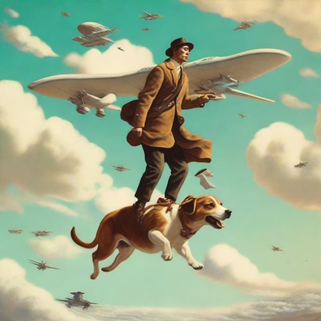 A surreal scene showing a man riding on a dog's back, both levitating high in the sky near an airplane.