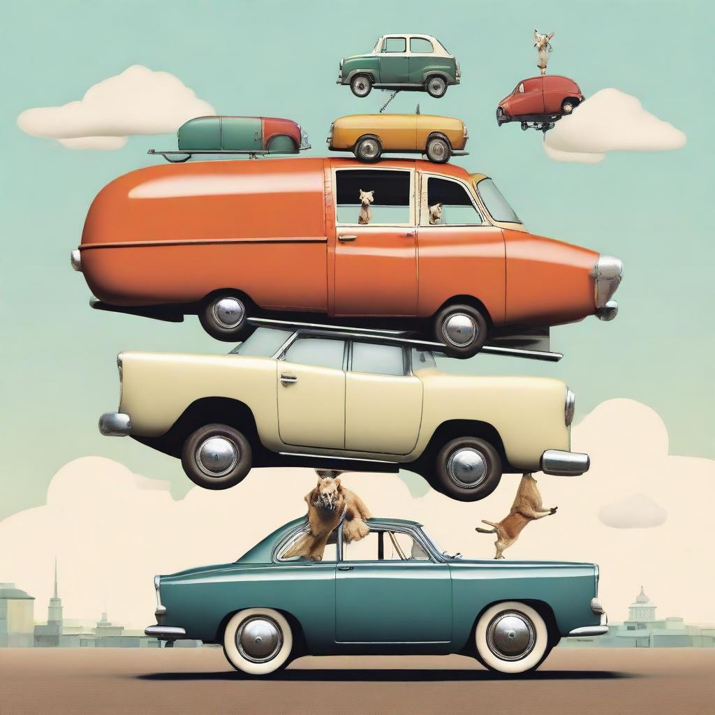 An absurd tower of items: a man balancing a cow, which balances a dog, a car atop the dog, a plane on the car, and a train perched on top.