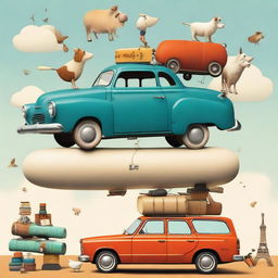 An absurd tower of items: a man balancing a cow, which balances a dog, a car atop the dog, a plane on the car, and a train perched on top.