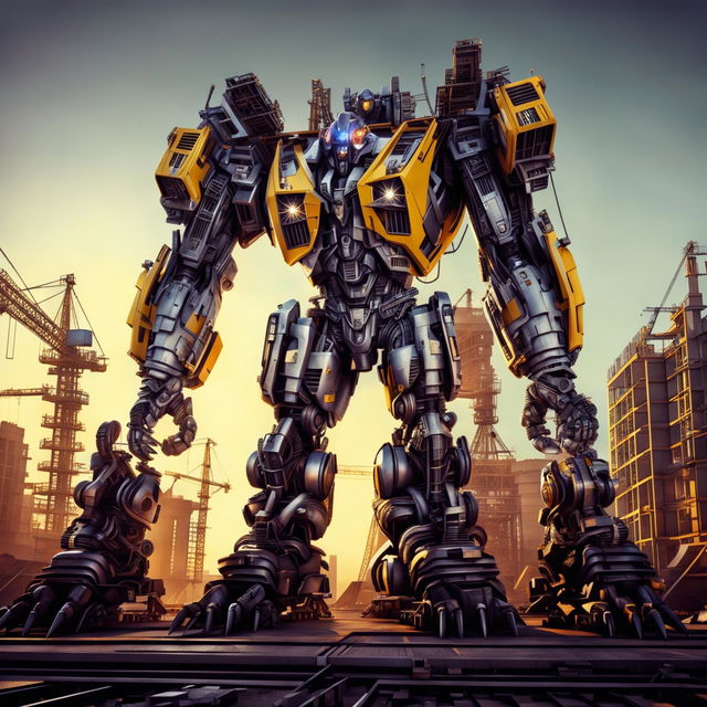 A high-resolution digital art image of a crane mid-transformation into a Transformer