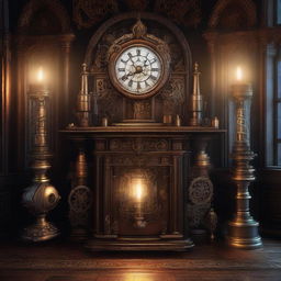 A Gothic altar with a glowing incandescent lamp, surrounded by gears, pistons, and calculating machines. This steampunk scene fuses medieval architecture with vintage mechanical technology under dramatic lighting.