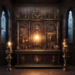 A Gothic altar with a glowing incandescent lamp, surrounded by gears, pistons, and calculating machines. This steampunk scene fuses medieval architecture with vintage mechanical technology under dramatic lighting.