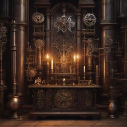 A Gothic altar with a glowing incandescent lamp, surrounded by gears, pistons, and calculating machines. This steampunk scene fuses medieval architecture with vintage mechanical technology under dramatic lighting.