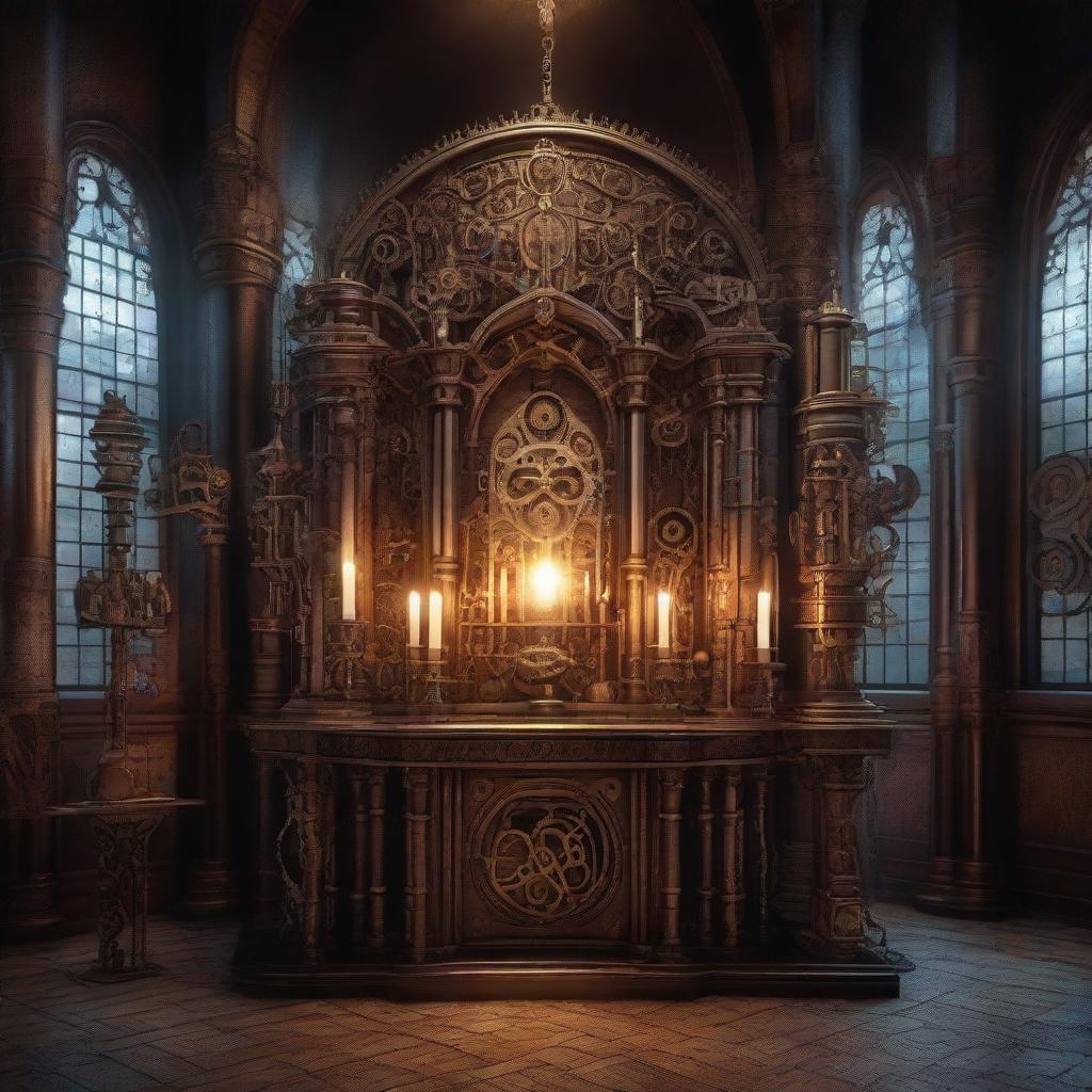 A Gothic altar with a glowing incandescent lamp, surrounded by gears, pistons, and calculating machines. This steampunk scene fuses medieval architecture with vintage mechanical technology under dramatic lighting.