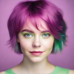 Generate an image of a young woman over 18 years old, sporting a short layered haircut dyed in a magenta purple tone, with captivating light green eyes.