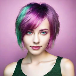 Generate an image of a young woman over 18 years old, sporting a short layered haircut dyed in a magenta purple tone, with captivating light green eyes.