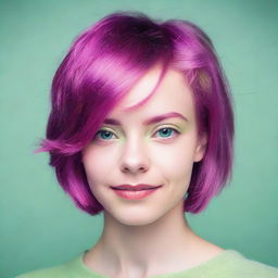 Generate an image of a young woman over 18 years old, sporting a short layered haircut dyed in a magenta purple tone, with captivating light green eyes.