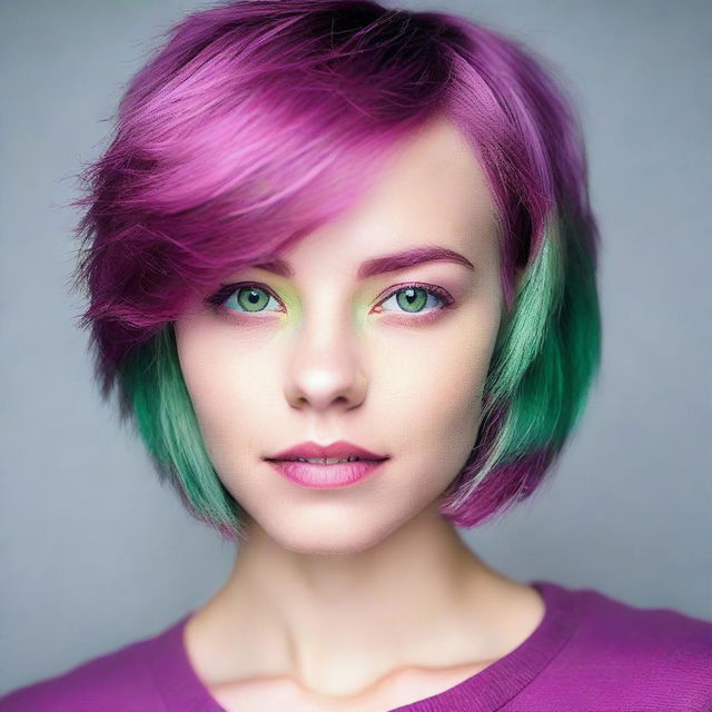 Generate an image of a young woman over 18 years old, sporting a short layered haircut dyed in a magenta purple tone, with captivating light green eyes.