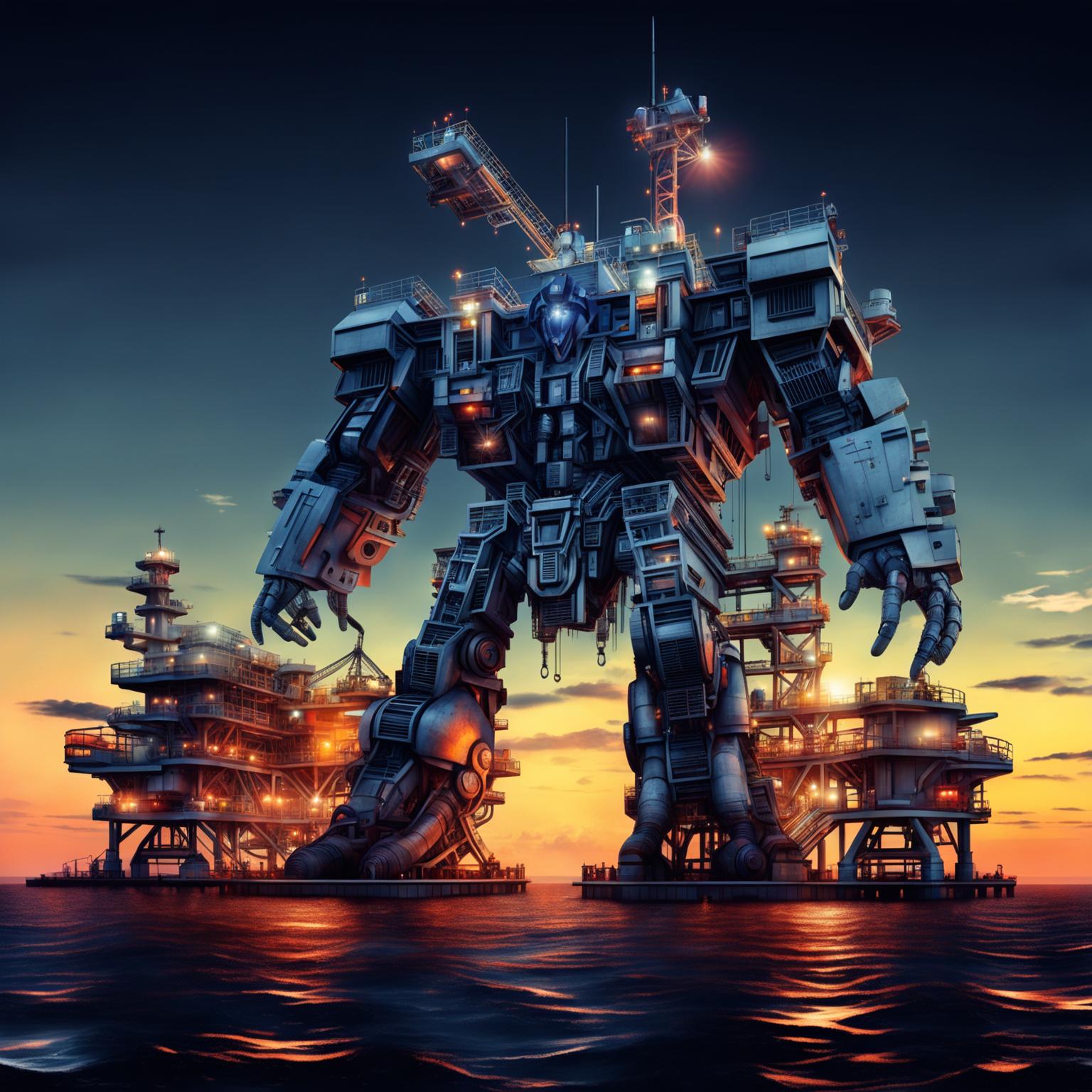 A 4K digital art image showcasing an oil rig transforming into a Transformer