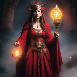 A woman dressed in a red priestess attire, holding a staff, the staff's headpiece is a gear surrounding a glowing incandescent bulb. The scene captures the elements of fantasy, power and mystery.