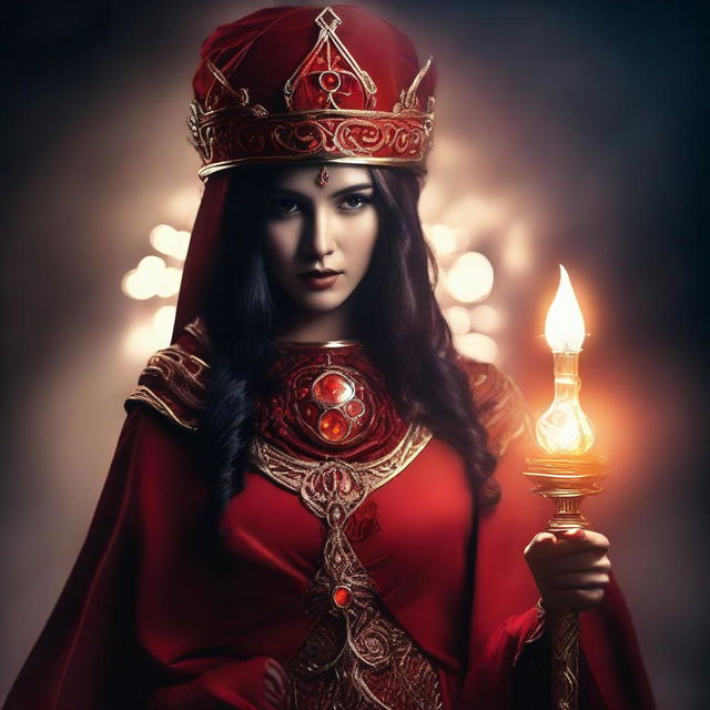 A woman dressed in a red priestess attire, holding a staff, the staff's headpiece is a gear surrounding a glowing incandescent bulb. The scene captures the elements of fantasy, power and mystery.