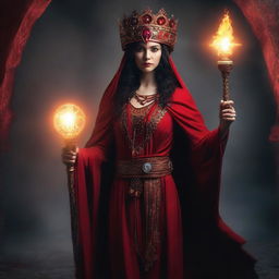 A woman dressed in a red priestess attire, holding a staff, the staff's headpiece is a gear surrounding a glowing incandescent bulb. The scene captures the elements of fantasy, power and mystery.