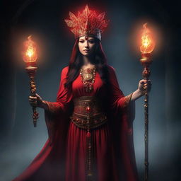 A woman dressed in a red priestess attire, holding a staff, the staff's headpiece is a gear surrounding a glowing incandescent bulb. The scene captures the elements of fantasy, power and mystery.